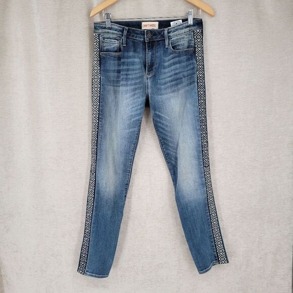 Driftwood Jackie High Rise Skinny Jeans with Embroidered Aztec Side Stripe sz 28 - Picture 1 of 13